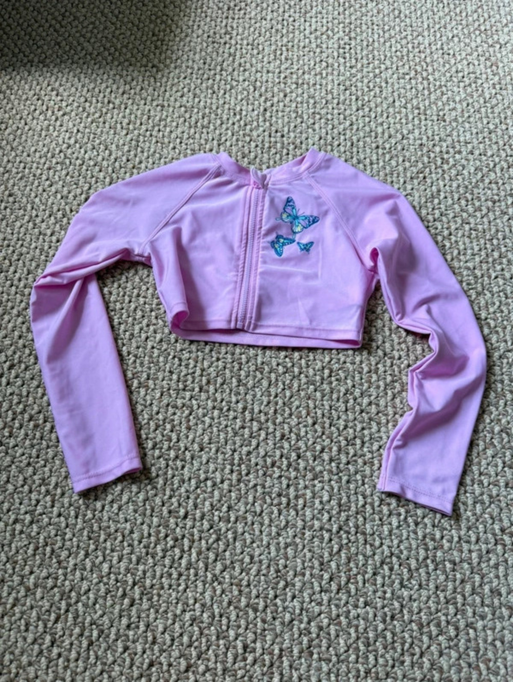 girls Wonder Nation pink butterfly long sleeve swim crop top